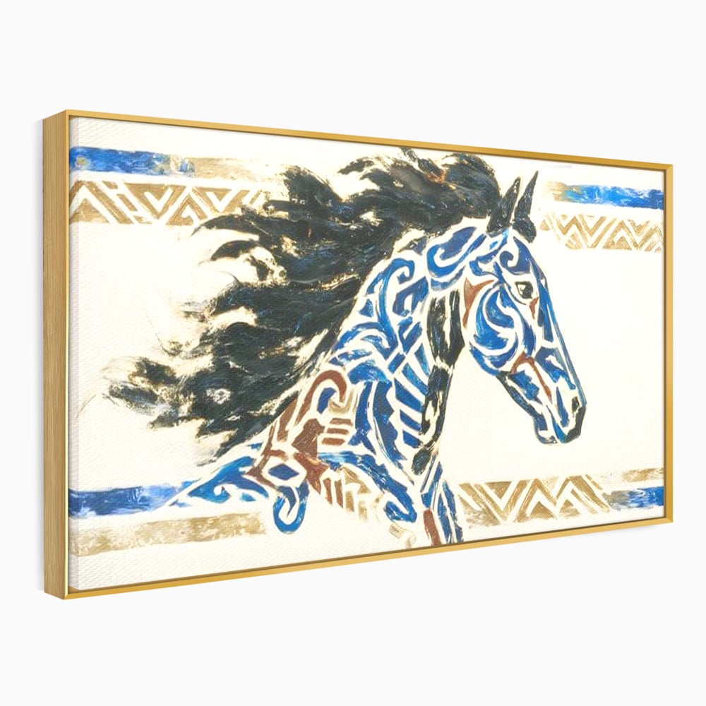 Tablou canvas cu tablou canvas cu un cal in galop, in rama de aluminiu auriu